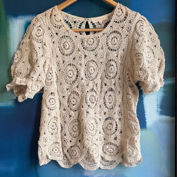 Solitaire Cream Crochet open knit puff sleeve boho top - Picture 1 of 9